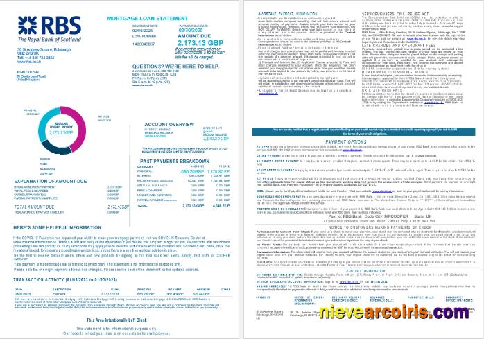 United Kingdom Royal Bank of Scottish (RBS) bank mortgage loan statement, 4 pages 1-2